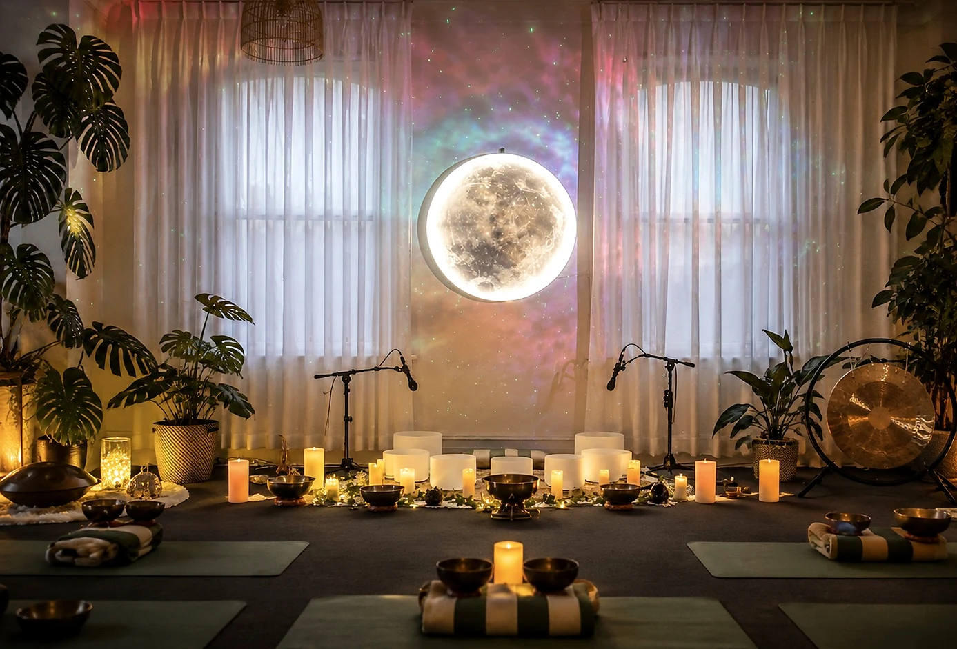 Singing bowls prepared for an evening sound bath at Mystic Wellness Petersham