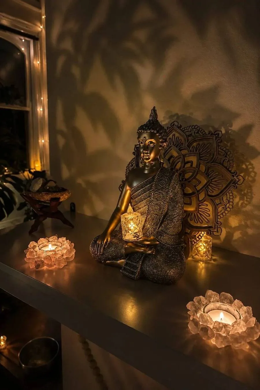 Candlelit Buddha and altar detail inside Mystic Wellness