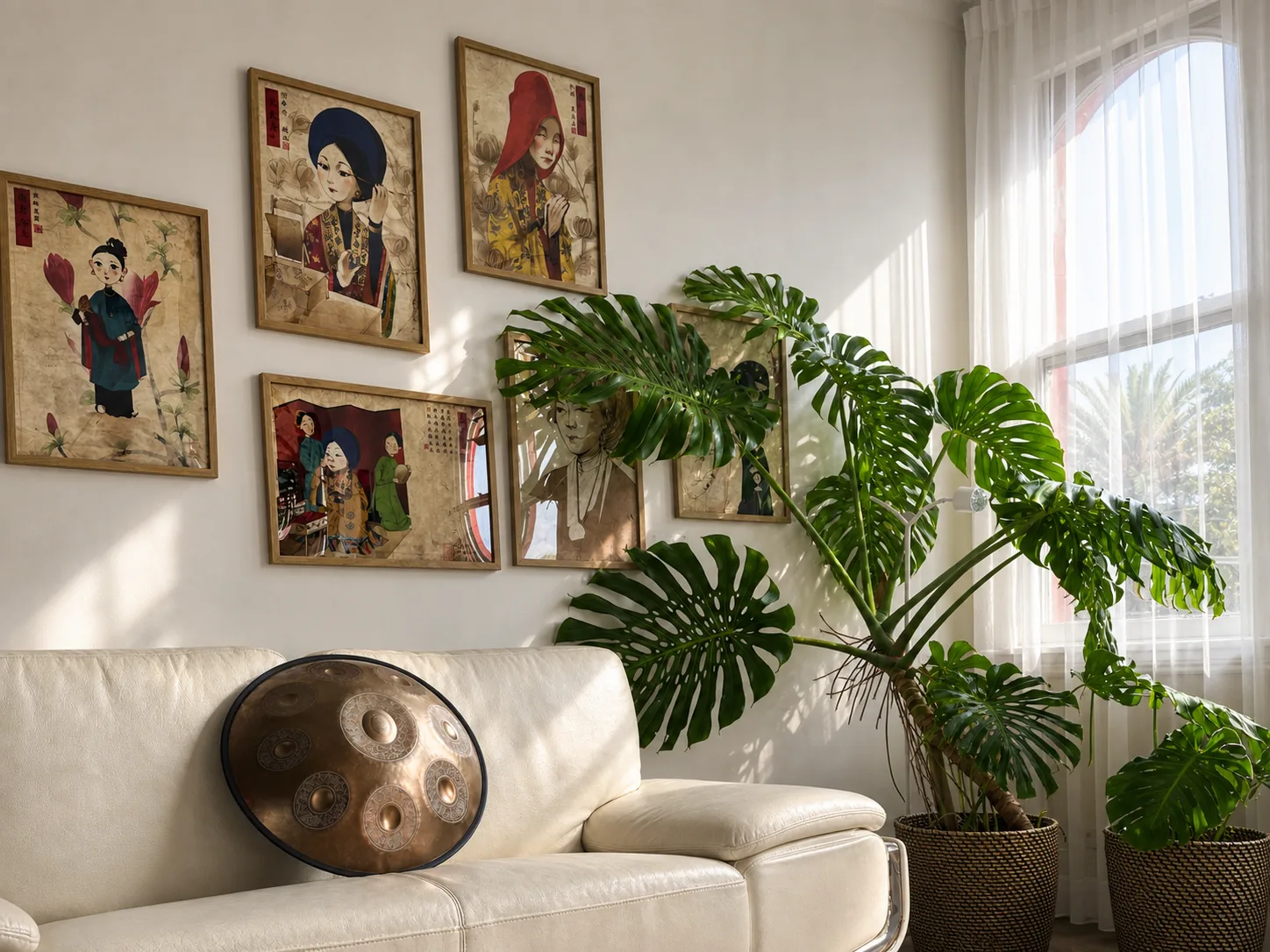 Mystic Wellness studio hire lounge with artwork, plants, and handpan in Petersham